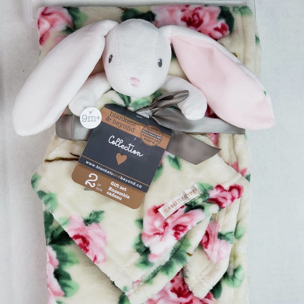 Blankets & Beyond White Bunny Lovey & Beige Floral Blanket 2 piece Gift Set